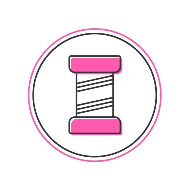 Beyaz arkaplanda izole edilmiş makara simgesi üzerindeki ana hatlı dikiş ipliği. İplik makarası. İplik kutusu. Vektör.