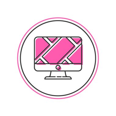 Doldurulmuş ana hatlı bilgisayar monitörü ve katlanmış harita beyaz arkaplanda izole edilmiş konum imleci simgesi. Vektör.