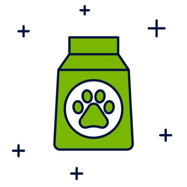 Beyaz arka planda izole edilmiş köpek ikonu için yiyecek dolu bir çanta. Köpek ya da kedi pençesi izi. Hayvanlar için yiyecek. Hayvan maması paketi. Vektör.