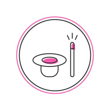 Ana hatlarıyla belirlenmiş sihirli şapka ve sihirli değnek simgesi beyaz arkaplanda izole edilmiş. Sihir numarası. Gizemli eğlence konsepti. Vektör.