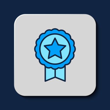 Filled outline Medal with star icon isolated on blue background. Winner achievement sign. Award medal. Vector.