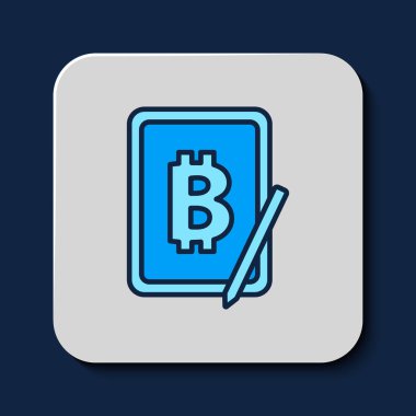 Mavi arkaplanda izole edilmiş grafik tablet ikonundan madencilik bitcoin 'i dolduruldu. Kripto para birimi madenciliği, engelleme zinciri teknoloji servisi. Vektör.