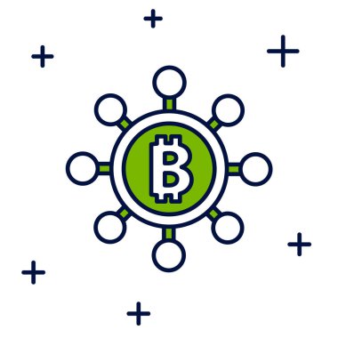 Blockchain teknolojisi ile doldurulmuş Bitcoin simgesi beyaz arkaplanda izole edilmiş. Soyut geometrik blok zincir ağ teknolojisi işi. Vektör.