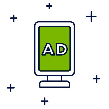 Doldurulmuş ana hat reklam simgesi beyaz arkaplanda izole edildi. Pazarlama ve tanıtım süreci kavramı. İlgili reklamlar. Sosyal medya reklamcılığı. Vektör.