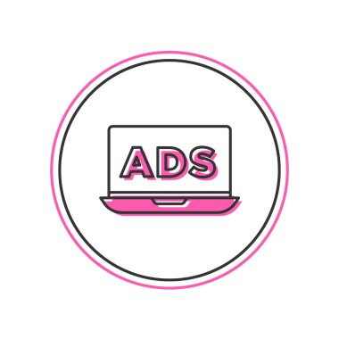 Doldurulmuş ana hat reklam simgesi beyaz arkaplanda izole edildi. Pazarlama ve tanıtım süreci kavramı. İlgili reklamlar. Sosyal medya reklamcılığı. Vektör.
