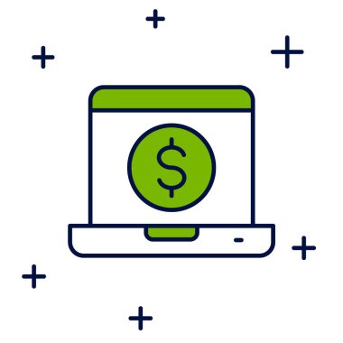 Beyaz arka planda izole edilmiş dolar simgesiyle dolu bir dizüstü bilgisayar. Dünyanın her yerine para göndermek, para transferi, online bankacılık, finansal işlemler. Vektör.