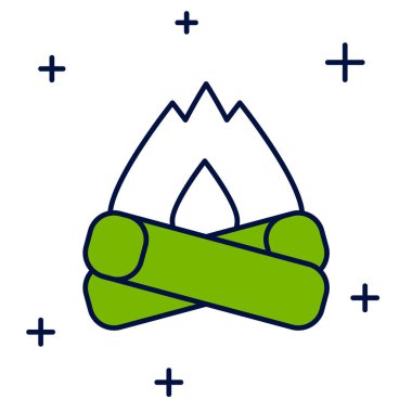 Kamp ateşi simgesi doldurulmuş, beyaz arka planda izole edilmiş. Odunla yanan şenlik ateşi. Vektör.