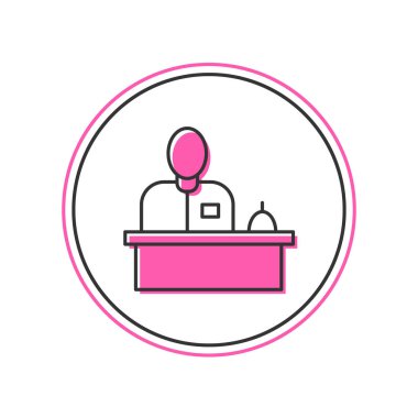 Otel resepsiyonunda duran özet doldurulmuş resepsiyonist beyaz arka planda izole edilmiş. Vektör.