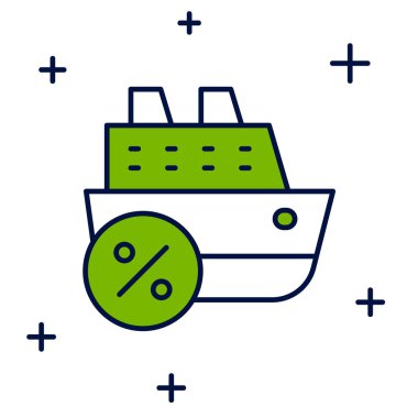 Ana hatları doldurulmuş gemi simgesi beyaz arkaplanda izole edilmiş. Seyahat turizmi deniz taşımacılığı. Yolcu gemisi, yolcu gemisi. Dünya çapında bir gezi. Vektör.