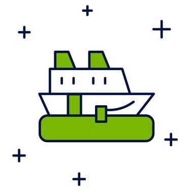 Ana hatları doldurulmuş gemi simgesi beyaz arkaplanda izole edilmiş. Seyahat turizmi deniz taşımacılığı. Yolcu gemisi, yolcu gemisi. Dünya çapında bir gezi. Vektör.