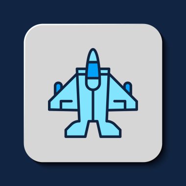 Mavi arka planda izole edilmiş ana hatlı Jet savaş ikonu. Askeri uçak. Vektör.