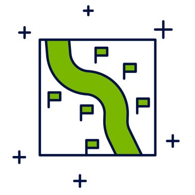 Doldurulmuş ana hat konum simgesi beyaz arkaplanda izole edildi. Tren yolu güzergahının başlangıç noktası GPS ve tire çizgisi olan yolu. Vektör.