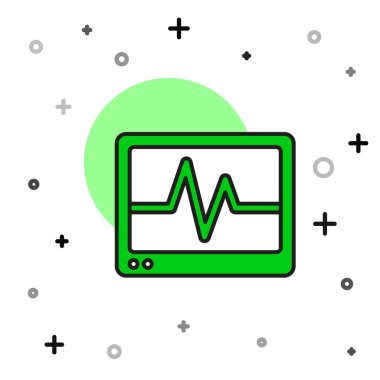 Beyaz arkaplanda izole edilmiş kardiyogram simgesiyle dolu ana hatlı bilgisayar monitörü. Simge denetleniyor. Kalp atışı elle çizilmiş EKG monitörü. Vektör.