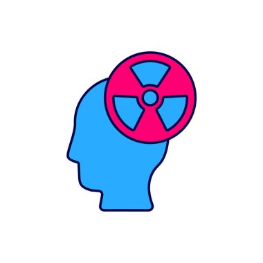 Bir insan kafasının silueti ve beyaz arkaplanda izole edilmiş bir radyasyon sembolü. Vektör.