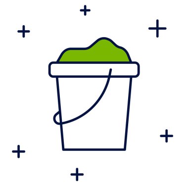 Beyaz arka planda izole edilmiş, ana hatları doldurulmuş kova simgesi. Plastik çocuk oyuncağı. Yaz ikonu. Vektör.