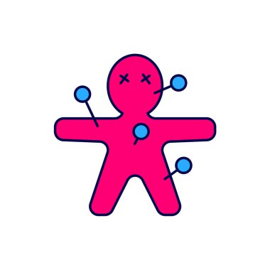 Beyaz arka planda izole edilmiş ana hatlı Voodoo bebek simgesi. Mutlu Cadılar Bayramı Partisi. Vektör.