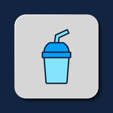 Kağıt bardakla doldurulmuş, mavi arka planda izole edilmiş saman ve su ikonu var. Soda bardağı. Taze soğuk içecek sembolü. Vektör.
