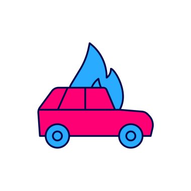 Yanan araba simgesi beyaz arkaplanda izole edildi. Araba yanıyor. Araba alev ve dumanla kaplanmış. Vektör.