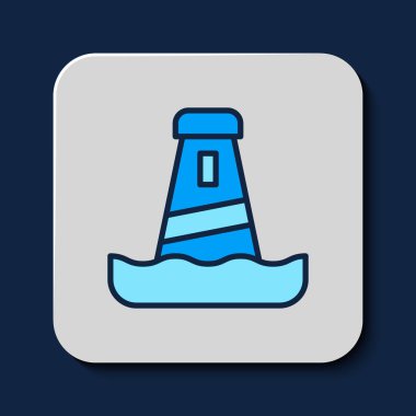 Mavi arka planda izole edilmiş ana hatlı deniz feneri simgesi. Vektör.