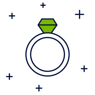 Doldurulmuş alyans simgesi beyaz arkaplanda izole edilmiş. Gelin ve damat mücevher tabelası. Evlilik sembolü. Elmas yüzük. Vektör.