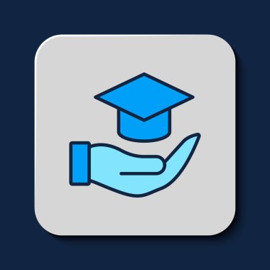Doldurulmuş Eğitim Bursu simgesi mavi arka planda izole edildi. Okul ücreti, finansal eğitim, bütçe fonu, burs programı, mezuniyet şapkası. Vektör.