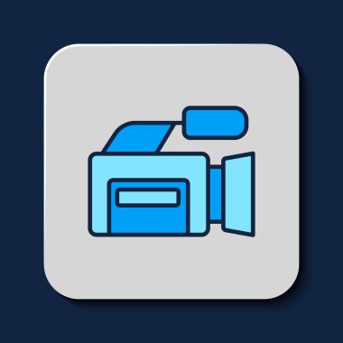 Doldurulmuş ana hatlı kamera simgesi mavi arkaplanda izole edildi. Video kamera. Film tabelası. Film projektörü. Vektör.