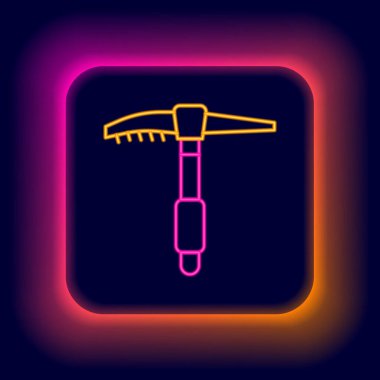 Parlayan neon hattı buz baltası simgesi siyah arkaplanda izole edildi. Tırmanma ekipmanları. Renkli taslak konsepti. Vektör.