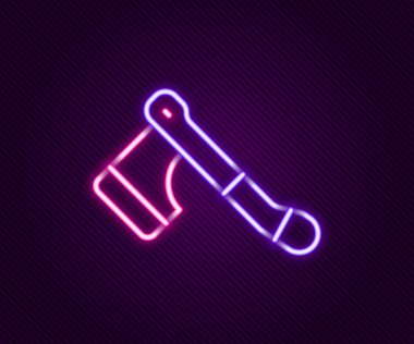 Parlayan neon hattı tahta balta ikonu siyah arkaplanda izole edildi. Oduncu baltası. Mutlu Cadılar Bayramı Partisi. Renkli taslak konsepti. Vektör.