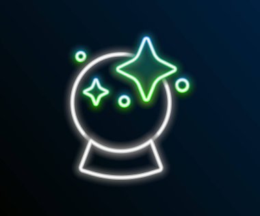Parlayan neon hattı sihirli top ikonu siyah arkaplanda izole edildi. Kristal küre. Renkli taslak konsepti. Vektör.