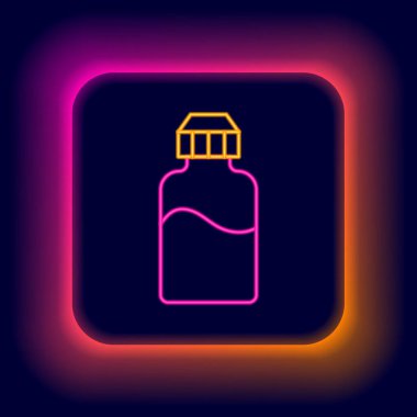 Parlayan neon hattı siyah arka planda izole edilmiş elektronik sigara ikonu için Vape sıvı şişesi. Renkli taslak konsepti. Vektör.