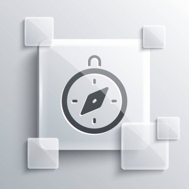 Gri arkaplanda gri pusula simgesi izole edildi. Rüzgâr yön bulma sembolü. Rüzgar gül işareti. Kare cam paneller. Vektör.