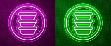 Parlayan neon çizgisi bovling ikonu mor ve yeşil arkaplanda izole edilmiş. Vektör.