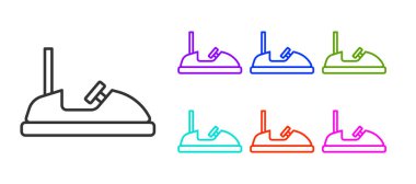 Siyah çizgi çarpışan araba simgesi beyaz arkaplanda izole edildi. Eğlence parkı. Çocuklar için eğlence parkı, eğlence parkı. Simgeleri renklendirin. Vektör.