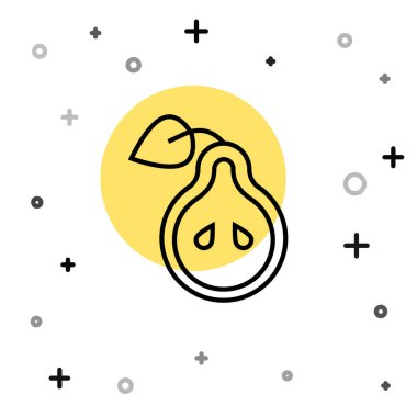 Siyah çizgi Pear simgesi beyaz arkaplanda izole edildi. Yaprak sembollü meyve. Rastgele dinamik şekiller. Vektör.