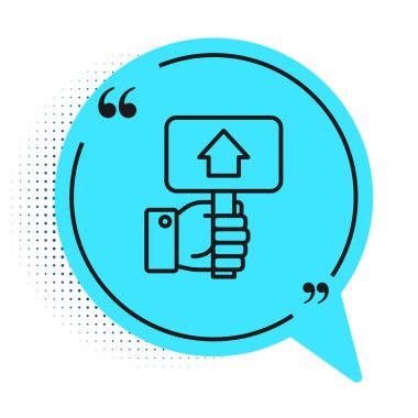 Beyaz arka planda siyah çizgili Hand açık arttırma raketi simgesi var. Teklif konsepti. Açık arttırma yarışması. BID yazıtları olan el kaldırma işaretleri. Mavi konuşma balonu sembolü. Vektör.