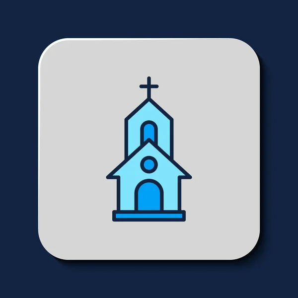Gevulde Omtrek Kerkgebouw Icoon Geïsoleerd Blauwe Achtergrond Christelijke Kerk Religie — Stockvector