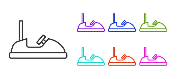 白の背景に分離されたブラックラインバンパー車のアイコン 遊園地 子供娯楽遊び場 レクリエーション公園 カラフルなアイコンを設定します ベクトル — ストックベクタ