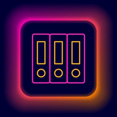 Siyah zemin üzerinde kağıt ve belge simgesi bulunan parlak neon hat ofis dizinleri. Ofis dosyaları. Dosya arşivleme işareti. Renkli taslak konsepti. Vektör.