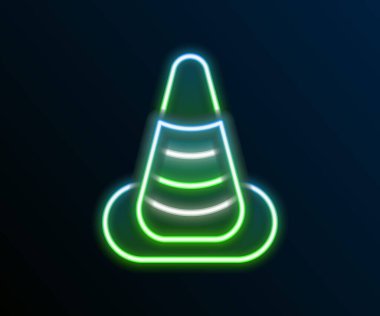 Parlayan neon hattı trafik konisi simgesi siyah arkaplanda izole edildi. Renkli taslak konsepti. Vektör.