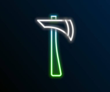 Parlayan neon hattı itfaiyeci balta simgesi siyah arka planda izole edildi. Yangın baltası. Renkli taslak konsepti. Vektör.