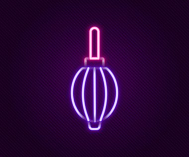 Parlayan neon hattı toz üfleyici simgesi siyah arkaplanda izole edildi. Hava temizleyici. Mercek temizleyicisi. Kamera sensörü temizliği. Renkli taslak konsepti. Vektör.