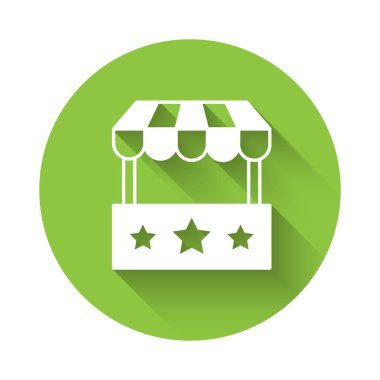 Beyaz Bilet gişesi simgesi uzun gölgeli. Eğlence ve spor için bilet satışı için bilet gişesi. Yeşil daire düğmesi. Vektör.