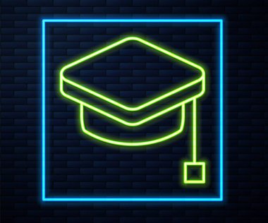 Parlayan neon hattı Mezuniyet simgesi tuğla duvar arka planında izole edildi. Tassel ikonlu mezuniyet şapkası. Vektör.