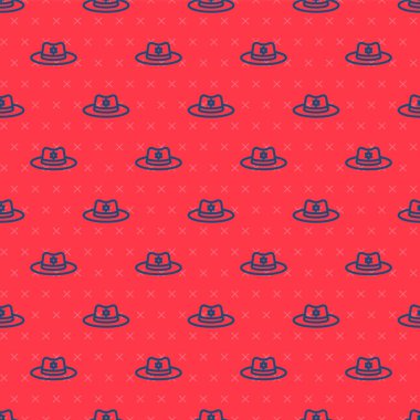 Rozet ikonlu mavi çizgi şerifi şapkası kırmızı arka planda izole edilmiş kusursuz desen. Vektör.