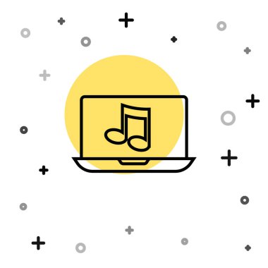 Beyaz zemin üzerinde müzik notası sembolü olan siyah çizgi dizüstü bilgisayar. Rastgele dinamik şekiller. Vektör.