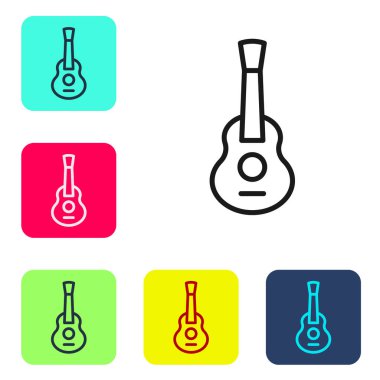 Beyaz arka planda siyah çizgi gitar ikonu izole edildi. Akustik gitar. Telli müzik aleti. Renkli kare düğmelerle simgeleri ayarla. Vektör.