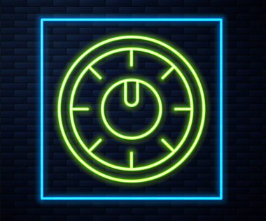 Parlayan neon hattı ses karıştırıcı simgesi tuğla duvar arka planında izole edildi. DJ ekipman kaydırma düğmeleri. Konsol karıştırılıyor. Vektör.