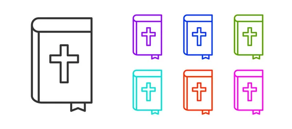 Zwarte Lijn Heilige Bijbelboek Icoon Geïsoleerd Witte Achtergrond Stel Pictogrammen — Stockvector