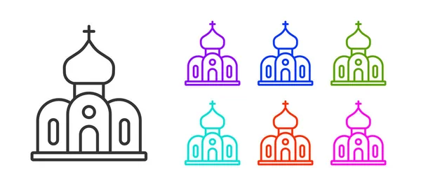黑线教堂建筑图标孤立在白色背景 基督教会教会的宗教 设置彩色图标 — 图库矢量图片