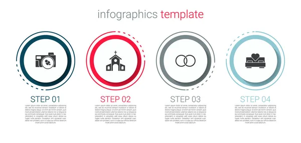 Zestaw Aparat Fotograficzny Budynek Kościoła Obrączki Ślubne Sypialnia Szablon Infograficzny — Wektor stockowy